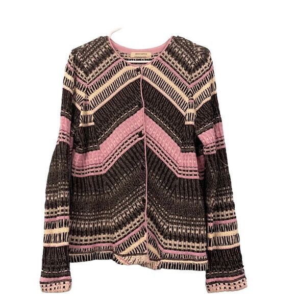 ALDOMARTINS Anthropologie Sweater 10 Pink Gray Stripe Knit Cottage Boho Cardigan - Picture 1 of 14
